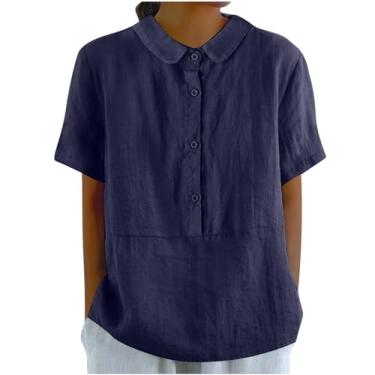 Imagem de Camisetas femininas de linho de algodão 2024 lapela manga curta blusas elegantes para trabalho casual confortável verão túnica tops, #2 - Azul-marinho, XXG