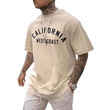 Imagem de COZYEASE Camiseta masculina com estampa gráfica de ombro caído, gola alta, manga curta, casual, simples para o verão, Caqui, PP