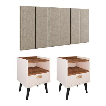 Imagem de Kit 2 Mesas Estilo 1 Gaveta Off White/Freijó Cabeceira Julia Cama Box 1.40 Almofadada Suspensa Quarto Casal Bege Linho - Lojas RPM