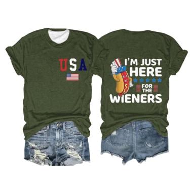 Imagem de Camiseta feminina com bandeira americana manga curta I'm Just Here for The Wieners Patriotic Tees gola redonda estampa engraçada verão casual top, Verde militar, 3G