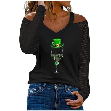 Imagem de Nagub Camiseta feminina St Patricks Day manga longa gola V Shamrock Lucky Tops fora do ombro solto camisas casuais túnicas, Taça de vinho, G