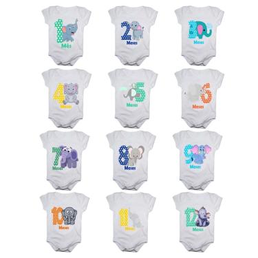 Imagem de Kit body bebê mesversario manga curta estampa elefantinhos 12 bodies 1 a 12 meses