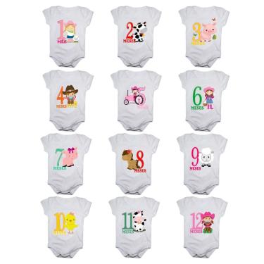 Imagem de Kit body bebê mesversario manga curta estampa fazendinha 12 bodies 1 a 12 meses