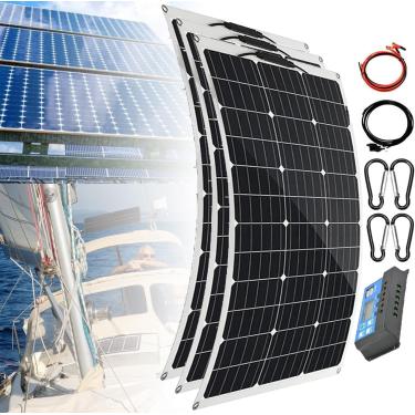 Imagem de Kit de painel solar com controlador 40a, painel solar semiflexível de 30 °, carregamento de bateria de 12 V (saída USB), para garagem, trailer, telhado, iate, barco, 300 W, controlador 40A