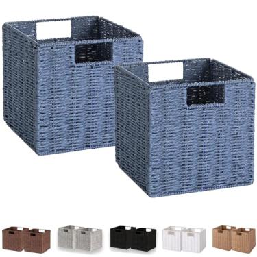 Imagem de Vagusicc Cesta de armazenamento de vime, conjunto de 2 cestas de tecido dobráveis de corda de papel tecidas à mão, caixas de armazenamento em cubos de 22 x 23 cm com alça, cestas vazias para