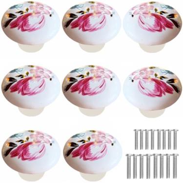 Imagem de Tverghvad Puxadores de gaveta de cerâmica pintados à mão, [pacote com 8] puxadores e puxadores redondos de flores vintage, puxadores de móveis de cozinha para cômoda/armário/guarda-roupa/armário