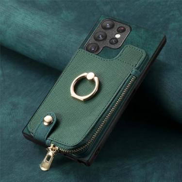 Imagem de Capa de couro com suporte de anel de carteira para cartões com zíper para Samsung Galaxy A54 A34 A14 A53 A12 A23 5G S23 Ultra S22 S21 Plus Capa de bolsa, verde, para Galaxy S22Plus