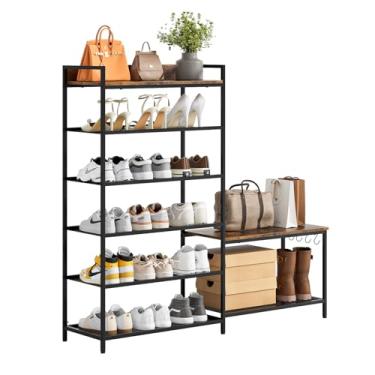 Imagem de Organizador de banco de sapatos para entrada, 6 níveis industriais independentes para sapatos e botas com assento, prateleiras organizadoras de sapatos de entrada para saltos altos, corredores,