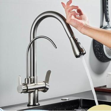 Imagem de Filtro de sensor de toque Torneira de cozinha de água 2 em 1 Preto Coloque para fora Torneiras de pia de dois modos para cozinha Torneira misturadora de água pura, níquel escovado