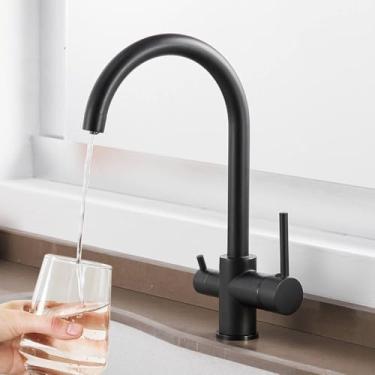 Imagem de Torneira cromada com filtro de água e alça dupla para cozinha, torneira com filtro de água de rotação 360, misturador de pia de três vias, preto fosco A