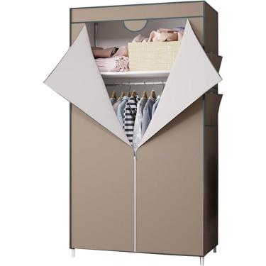 Imagem de Armário, prateleiras portáteis para guarda-roupa com trilho suspenso, guarda-roupa de lona com trilho suspenso, armário dobrável, marrom, 70x45x160cm