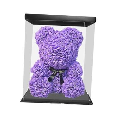 Imagem de Wswqop Urso Rosa com Caixa de Presente Romântico Feriado Flor Preservada Urso Flores Artificiais Presentes Dia Das Mães para Namorada Mulheres Amantes, roxo, Tamanho real
