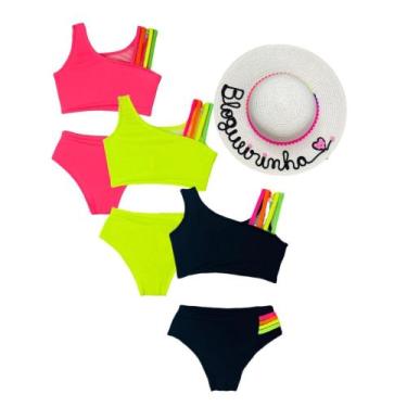 Imagem de Kit 3 bikini Infantil + Chapéu De Praia Traje De Banho Moda Piscina Ve