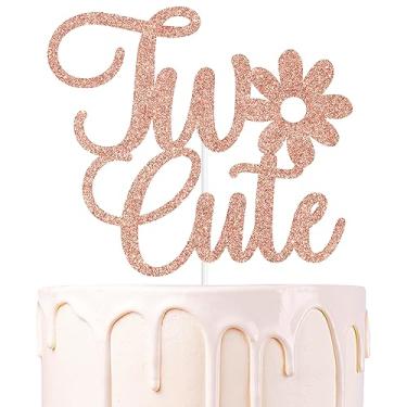 Imagem de Dois topos de bolo fofos com glitter de ouro rosa, dois descolados/dois doces/felizes 2º aniversário, decorações de festa de 2º aniversário com tema de flores descoladas