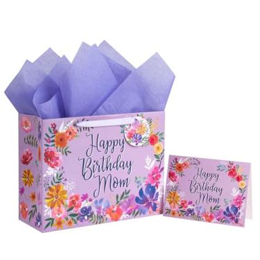 Imagem de WRAPAHOLIC Bolsa grande de presente de aniversário de 33 cm com cartão e papel de seda - floral elegante com design de mãe feliz aniversário
