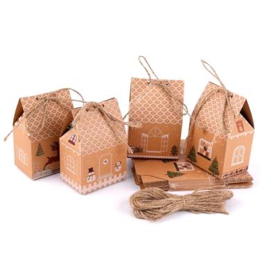 Imagem de NQEUEPN 24 mini caixas de lembrancinhas de Natal, lindas caixas de casa de Natal com corda de papel artesanal, pequena caixa de presente para biscoitos, padaria, doces, cupcake (4 estilos)