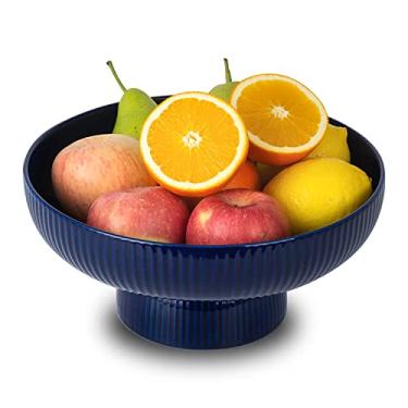 Imagem de Magclay Fruteira de cerâmica com orifícios de drenagem, cesta de frutas grande de 25,4 cm com pedestal removível multifuncional, tigela de frutas decorativa para bancada de mesa, suporte de frutas e legumes, azul-marinho