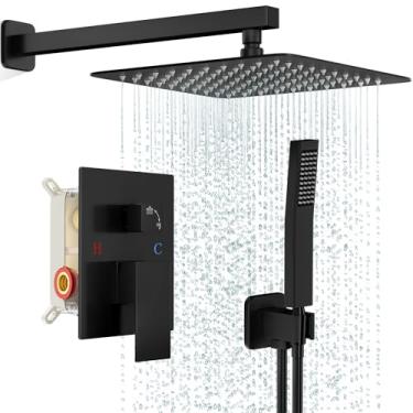 Imagem de FPXRNG Black Shower Faucet Set, Rainfall Shower System with Rain Shower Head and Handle Set, Wall Mounted Shower Fixtures, Full Metal Trim Repair Kit 10 inch Matte Black (With Shower Valve)