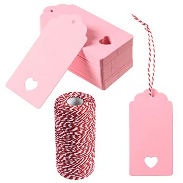 Imagem de 360 etiquetas de presente de dia dos namorados, etiquetas de presente de papel kraft rosa para o dia dos namorados, etiquetas de presente para pendurar no dia dos namorados, etiquetas de preço rosa com cordão para decorações de embrulho de presente de festa de casamento, 5 x 10 cm