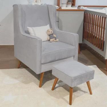 Imagem de Poltrona Amamentação Aquila com Puff Quadrado Pés Madeira Linho Cinza 