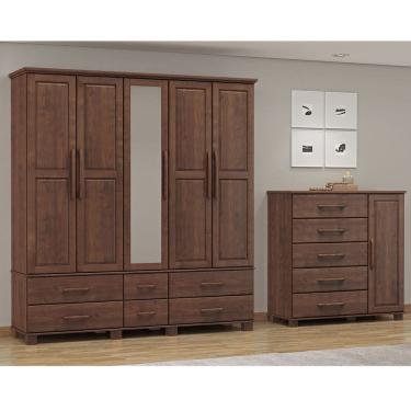 Imagem de Conjunto Quarto: Guarda-Roupa 5 Portas, Cômoda Sapateira 5 Gavetas Ouro Café Madeira Pi...