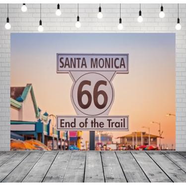 Imagem de Loccor 2,1 x 1,5 m Tecido Rota Histórica 66 Placa de fundo Rota Histórica 66 Placa de Fim da Trilha Sinal no Famoso Santa Monica Pier Fundo para Route 66 Decorações de Festa de Viagem Adereços de Foto