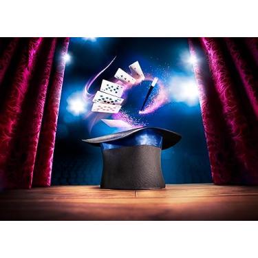 Imagem de Loccor Tecido de 2,4 x 1,8 m, pano de fundo, truque de mágica, chapéu preto, varinha mágica, cartas de pôquer, teatro, palco, vermelho, fundo mágico, decoração de festa de aniversário, adereços de