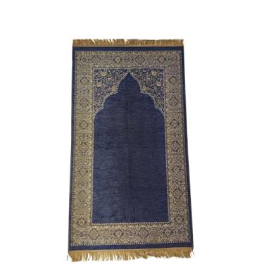 Imagem de rolezyum | Tapete de oração muçulmano otomano com contas de oração Janamaz Sajadah Tapete de oração islâmica | Presente de contas de oração (azul marinho)