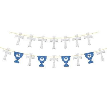 Imagem de My First Communion Banner Cross God Bless Sign Mi Bautizo Primera Comuniòn Decorações de batizado para crianças meninos, artigos de festa de batismo de aniversário - Glitter prata e azul