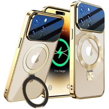 Imagem de [Proteção total da lente da câmera + anel de CD compatível com suporte MagSafe] Capa magnética para iPhone 14 Pro, proteção contra quedas de nível militar galvanizada, não amarela, capa transparente