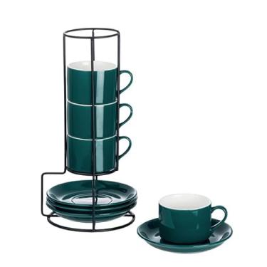 Imagem de Meichu Xícaras de café expresso empilháveis de porcelana de 118 ml com pires e suporte de metal, conjunto de 4 xícaras de cappuccino empilháveis, conjunto de xícaras expresso verdes para bebidas de