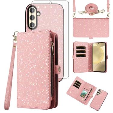 Imagem de Asuwish Capa de celular para Samsung Galaxy S24/S25 5G Carteira magnética destacável com protetor de tela de vidro temperado e compartimento para cartão com glitter, suporte para celular S 24 24S 25