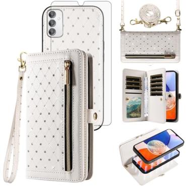 Imagem de Asuwish Capa de celular para Samsung Galaxy A14/M14 5G Carteira com zíper destacável com protetor de tela de vidro temperado alça transversal Bling Flip porta-cartão de crédito A 14 4G 14A 14M G5