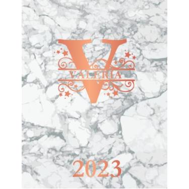 Imagem de Valeria 2023: Personalized Name Weekly Planner Diary 2023. Monogram Letter V Notebook Planner. White Marble & Rose Gold Cover. Datebook Calendar Schedule
