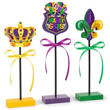 Imagem de Conjunto de 3 peças de decoração de mesa de carnaval de madeira, bandeja rústica de carnaval em camadas, decoração para sala de festa em casa (colorido)