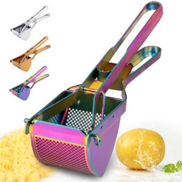 Imagem de QRU Espremedor de batatas grande, espremedor de batatas de aço inoxidável resistente para uso comercial e doméstico, espremedor de frutas para bebês (arco-íris)