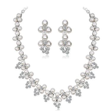 Imagem de JWICOS Conjunto de brincos de colar de pérola falsa elegante clássico strass floral videira filigrana casamento noiva conjunto acessórios para mulheres e meninas