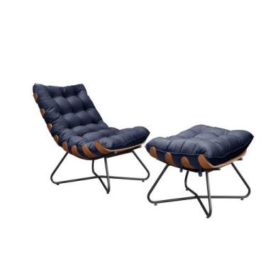 Imagem de Poltrona Com Puff Costela Madeira Eva Preta- Veludo Azul - Metal Móvei