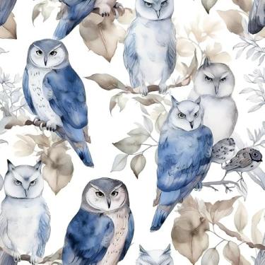 Imagem de WalRiddle Coruja azul cinza aquarela floresta animal pássaro papel de parede descascar e colar fácil de descascar em papel de parede adesivo à prova d'água para locatário
