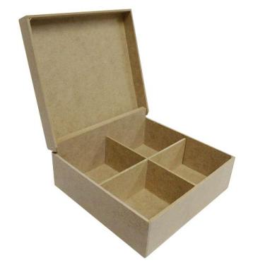 Imagem de Caixa de Chá com 4 Cavidades de MDF Madeira Crua - Tamanho: 16 x 16 x 