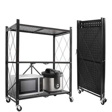 Imagem de Estante Rack d Aço Dobrável Preta c 3 Prateleiras e Rodízios - Open St