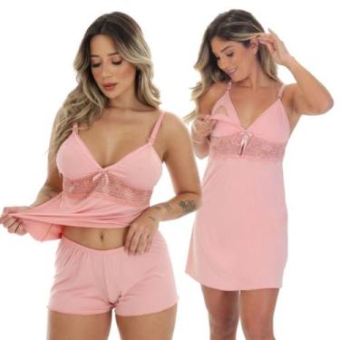 Imagem de Kit Baby Doll + Camisola Amamentação Pós Parto Maternidade Abre Fácil 