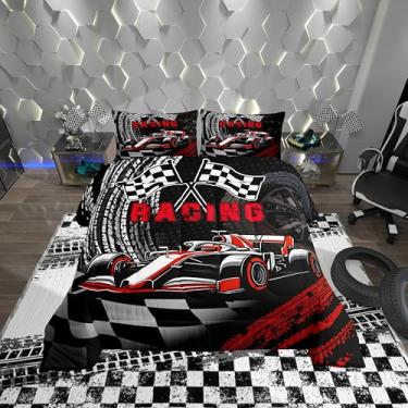 Imagem de Jogo de edredom infantil de corrida Queen, jogo de cama de jogador de corrida extrema, conjunto de edredom com estampa de roda abstrata para decoração de quarto de meninos e adultos, edredom de carro
