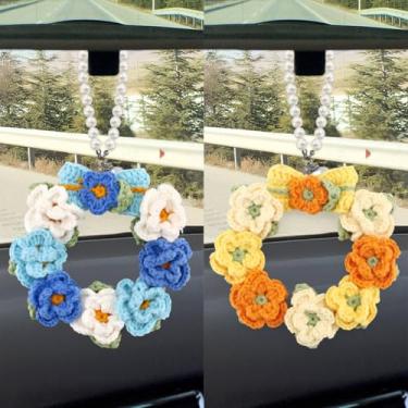 Imagem de LELE LIFE Guirlanda de crochê, acessórios para pendurar no carro, espelho retrovisor, pingente de corrente de pérola, flor de crochê, decoração feminina estética de carro, decoração interna com