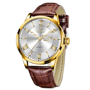 Imagem de Taxau Relógio masculino de couro, casual, à prova d'água, moderno, mostrador grande, analógico, quartzo, relógio de pulso masculino com data luminosa, Ouro Prata - G8408, round, Minimalista