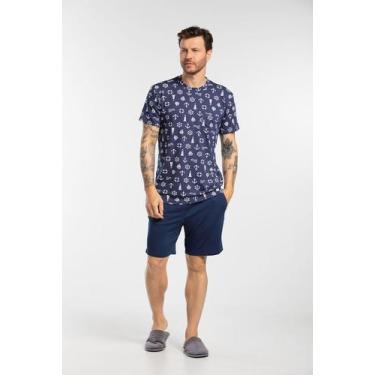 Imagem de Conjunto Pijama Masculino Em Malha Curto Estampado  - Cor De Cacau, P,