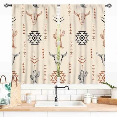 Imagem de Cortinas ocidentais para quarto, estampa de vaca rústica do sudoeste tribal étnico caubói asteca touro crânio casa de fazenda país boho cortina de janela tratamentos para sala de estar banheiro