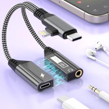 Imagem de Fone de ouvido magnético 2 em 2 Lightning/USB C para conector de áudio auxiliar de 3,5 mm + adaptador de cabo de carregamento tipo C, 【certificado Apple MFi】 Divisor conversor de fone de ouvido para
