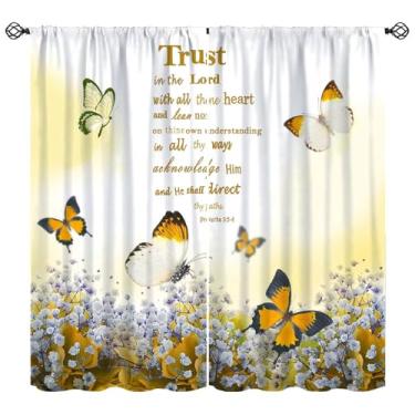 Imagem de Cortina bíblica cristã com flor amarela borboleta sazonal botânica floral janela tratamentos versículo citações motivacionais positivas inspiradoras cortinas para quarto sala de estar L 106 cm x C 113