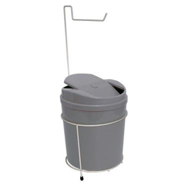 Imagem de Suporte Porta Papel Higiênico Branco Com Lixeira 5L Cesto Lixo Cinza T